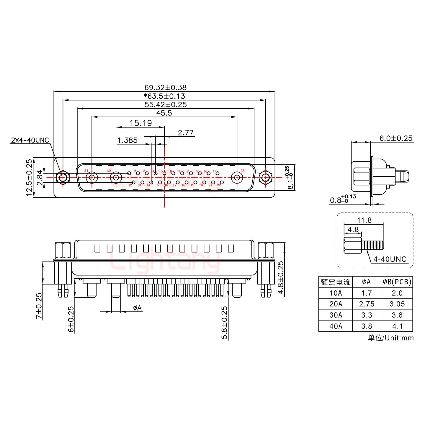 25W3公PCB直插板/鉚魚叉7.0/大電流40A
