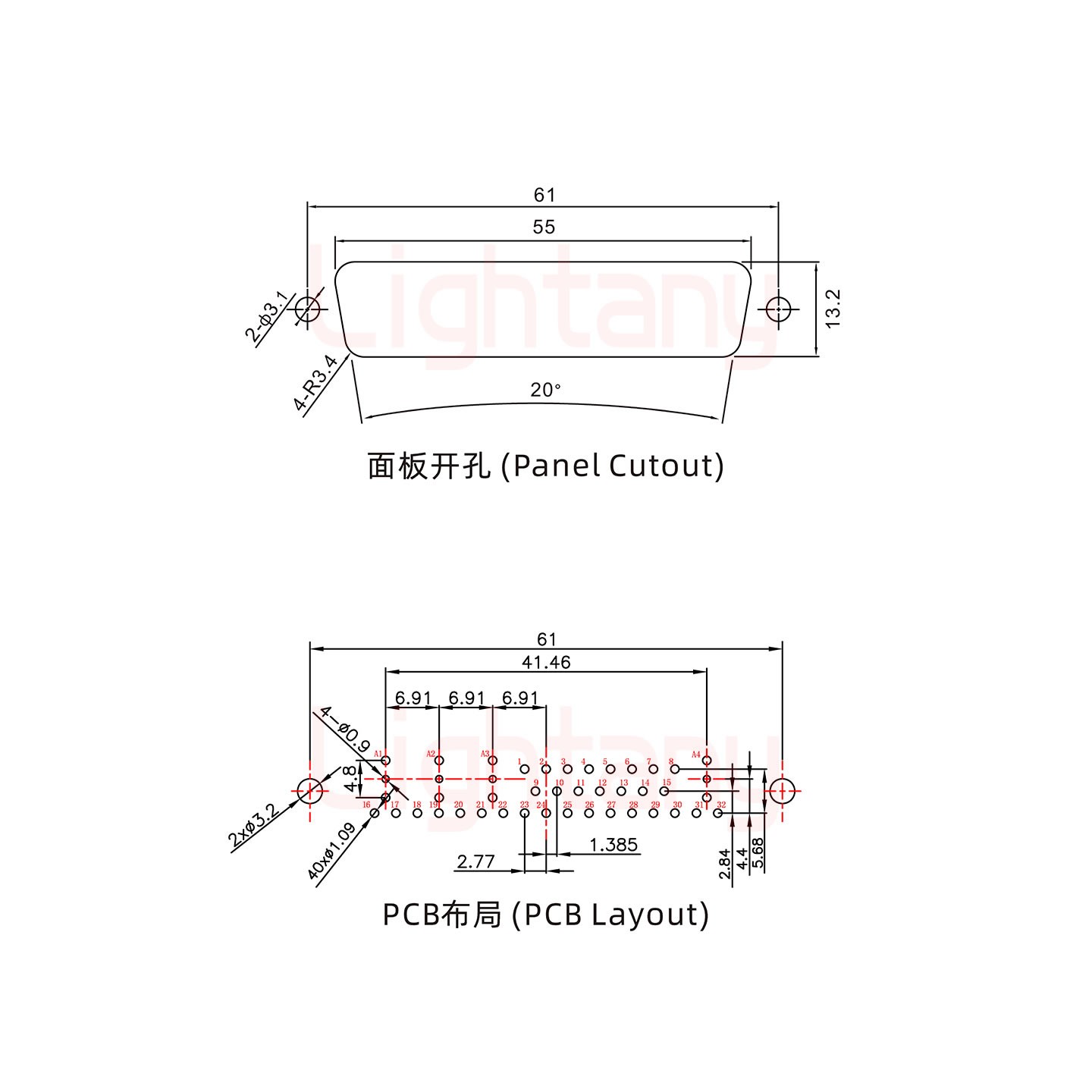 36W4母PCB直插板/鉚魚(yú)叉7.0/射頻同軸75歐姆
