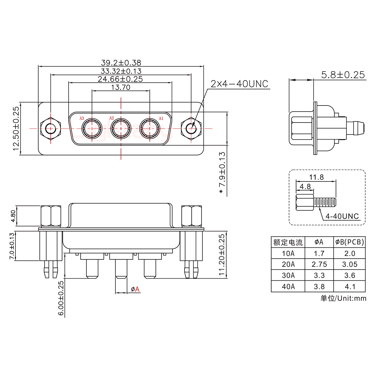 3W3母PCB直插板/鉚魚(yú)叉7.0/大電流20A
