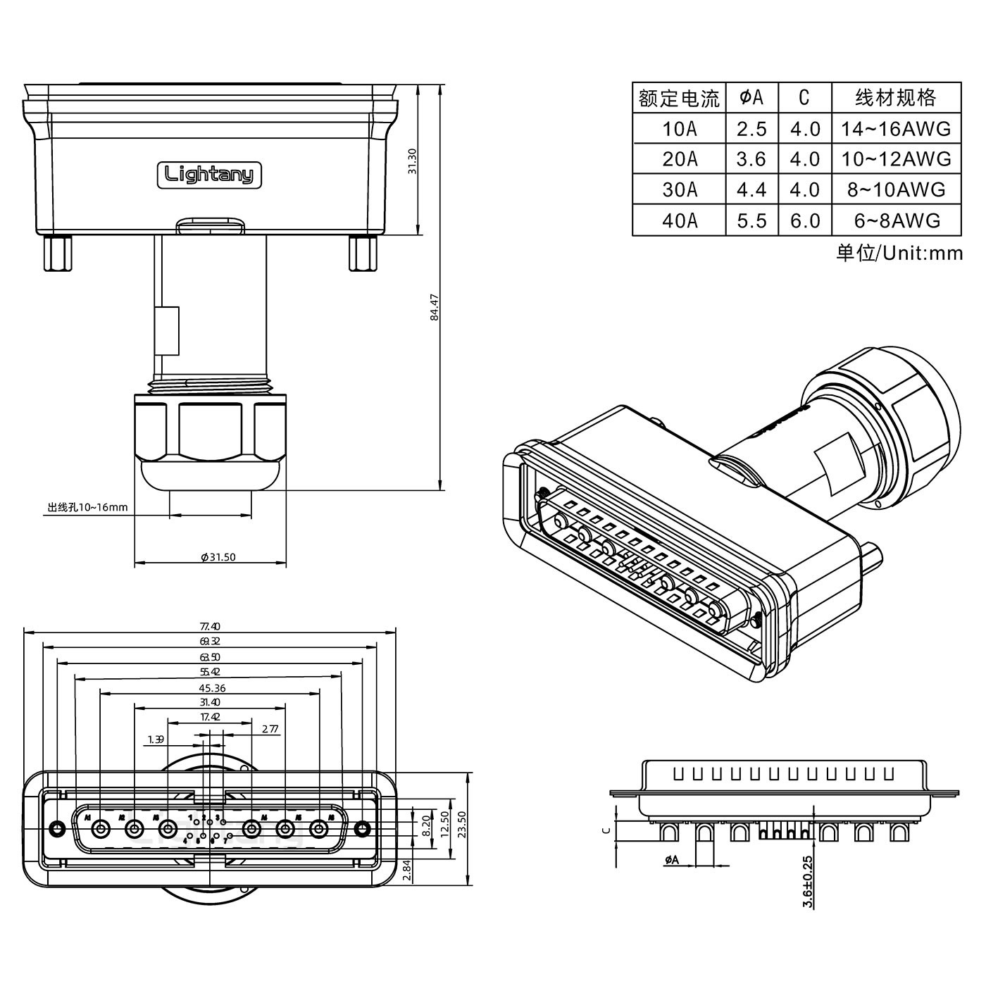 8W8母頭焊線(xiàn)+防水接頭/線(xiàn)徑10~16mm/大電流40A